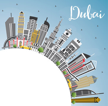 Dubai UAE City Skyline with Gray Buildings, Blue Sky and Copy Space.