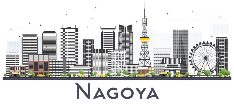 Nagoya Japan City Skyline with Gray Buildings Isolated on White.
