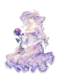 Hand drawn romantic illustration of a beautiful and elegant blond woman portrait with a purple rose in a pot