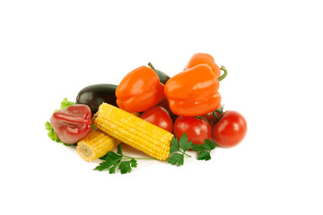 sweet pepper,eggplant,tomato and corn.isolated on a white background.