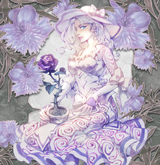 Obraz na płótnie Canvas Hand drawn romantic illustration of a beautiful and elegant blond woman portrait with a purple rose in a pot