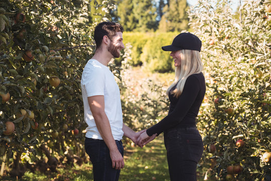 Couple holding hands and standing in apple orchard
