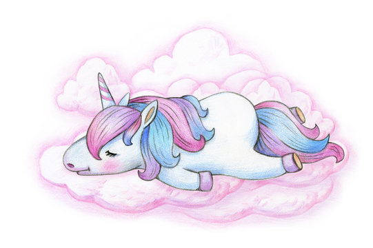  Cute sleeping  unicorn cartoon in pink clouds, isolated on white.