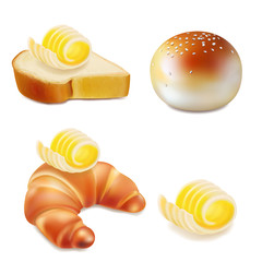 Butter or margarine on slice of toast bread and croissant realistic icons