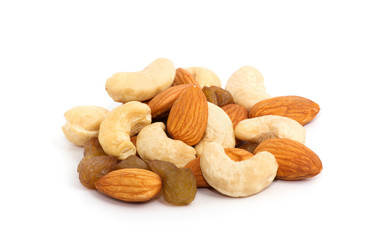 Almond and cashew nuts isolated on white