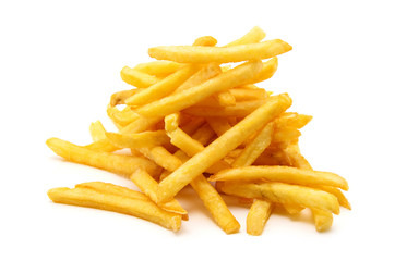 a pile of appetizing french fries on a white background