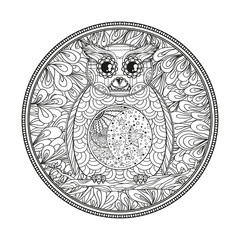 Mandala. Owl on the branch. Design Zentangle. Tattoo art. Abstract circle zendala. Print for t-shirts. Design for spiritual relaxation for adults. Zen art. Black and white illustration for coloring