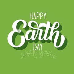 Happy Earth day hand lettering, custom brush retro calligraphy, on green background with 3d shadow. Vector illustration.