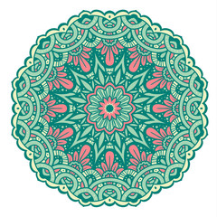 Vector hand drawn doodle mandala with tracery. Ethnic mandala with colorful ornament. Isolated on white background. Doodle illustration.