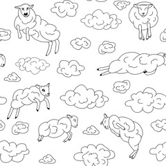 Sheep on clouds - cute cartoon childish seamless pattern in vector. sheep-clouds in the sky. black and white. coloring book