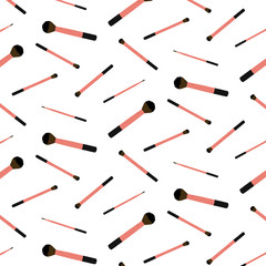 Hand drawn vector illustration of cosmetic makeup brush pattern on white background.