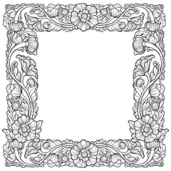 Lotus flowers arranged in intricate square frame. Popular decorative motif in South-Eastern Asia. Tattoo design. Linear drawing isolated on white background. EPS10 vector illustration
