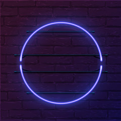 Circle blue neon sign. Vector realistic neon circle on brick wall.