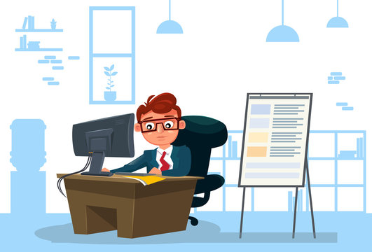 Business Man Working On Computer Sit At Desk Over Office Background Flat Vector Illustration