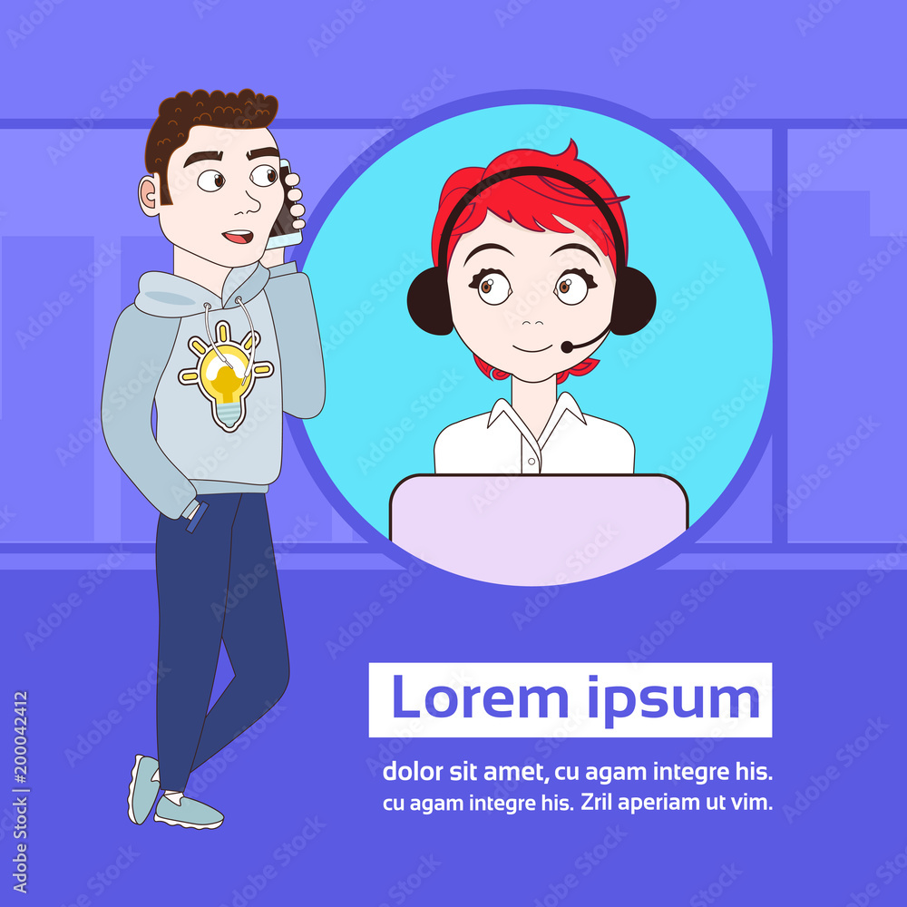 Poster man calling in technical support service banner with copy space flat vector illustration