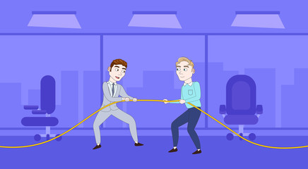 Two Successful Business Man Pulling Rope Competition Concept Flat Vector Illustration