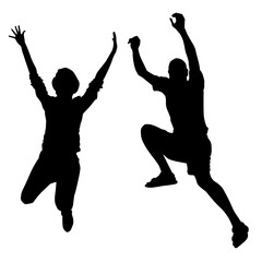 Vector illustration with dark silhouettes happily bouncing up two people, a guy and a girl. The concept of a fun holiday while traveling, tourism