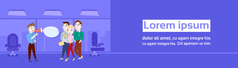 Business Man Boss Speaking In Megaphone To Group Of Businesspeople Horizontal Banner Flat Vector Illustration