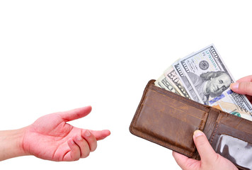 Hand holding wallet with money and one hand receiving isolated on a white background with clipping path
