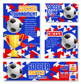 Soccer match banner with football trophy and ball