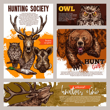 Hunting club banner with deer, duck, bear and boar