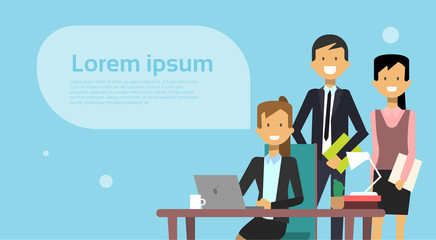 Team Of Business People Brainstorming Meeting With Businessman Working On Laptop Computer Over Background With Copy Space Flat Vector Illustration