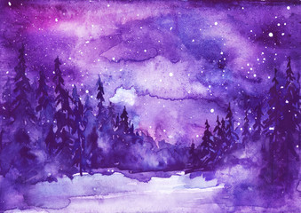 Obraz premium Watercolor painting, illustration, greeting card. Forest, suburban landscape, silhouettes of fir trees, pines, trees and bushes, the night sky with stars. Blue, purple color.