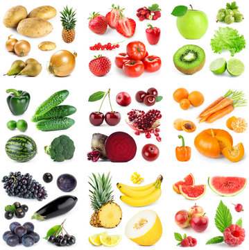 Collection of fruits and vegetables on white background