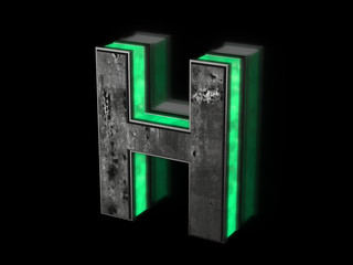 Futuristic letter H - volumetric rusty metal letter  with green light outline glowing in the dark 3D render