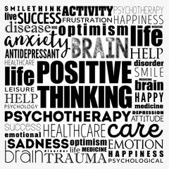 Positive thinking word cloud collage, health concept background