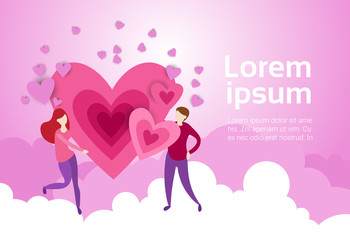 Obraz na płótnie Canvas Couple Hold Hands Over Heart Shape On Pink Clouds Background With Copy Space Valentine Day Banner Flat Vector Illustration