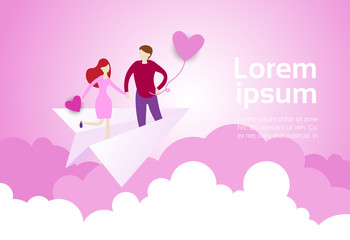 Couple Holding Hands Fly On Paper Plane Over Pink Clouds Background With Copy Space Valentine Day Banner Flat Vector Illustration