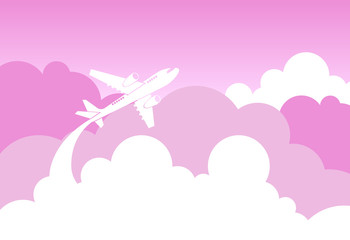 Naklejka premium Silhouette Plane Fly Over Pink Clouds And Sky Love Backgrouund Flat Vector Illustration