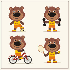 Set of funny teddy bear is engaged in sports. Collection of cartoon teddy bear of the sportsman: football player, with dumbbells, bicyclist, tennis player.
