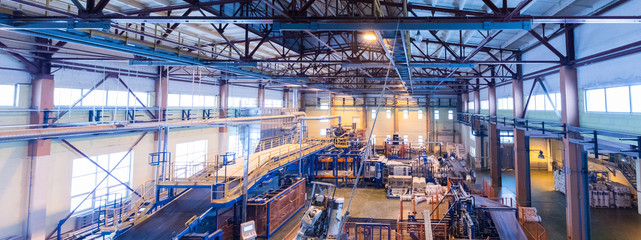 Fototapeta Fiberglass production industry equipment at manufacture background, wide-focus lens obraz