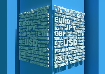 Word collage relative to trading. Illustration with different association terms. 3D rendering