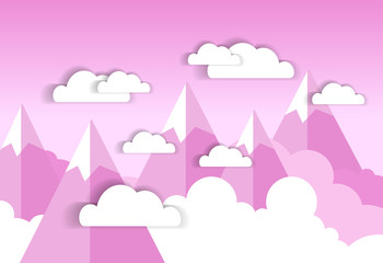 Fototapeta premium White Clouds Over Pink Sky And Silhouette Mountains Background Flat Vector Illustration
