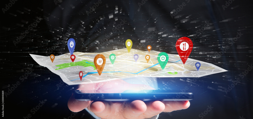 Poster man holding a 3d rendering pin holder on a map