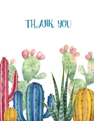 Watercolor vector card of cacti and succulent plants isolated on white background.