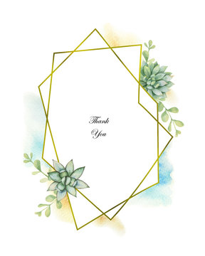 Watercolor vector composition of cacti and succulent plants and gold geometric frame.