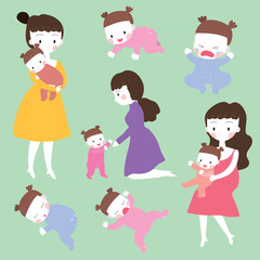 Cartoon cute actions mom and little baby vector set on green background.