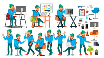 Business Man Character Vector. Working People Set. Office, Creative Studio. Bearded. Worker, Freelancer. Full Length. Programmer, Designer, Manager. Cartoon Business Character Illustration
