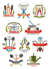 Gardening tool badge with instrument and equipment