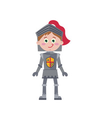 Little knight in iron armor. Medieval warrior character isolated on white background vector illustration.