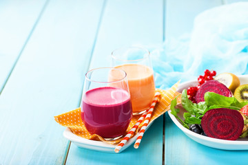 Detox diet - smoothies from beet and carrots. Selective focus. Copy space