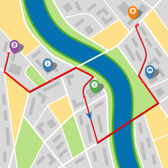 City map of an imaginary city with a river and multi-stop route. Vector illustration.
