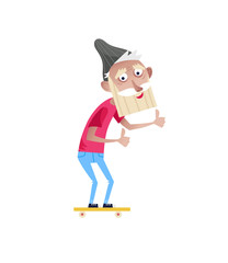 Bearded old man on skateboard character. Happy old people lifestyle isolated on white background vector illustration.