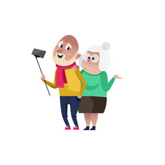 Smiling old couple doing selfie character. Happy old people lifestyle isolated on white background vector illustration.