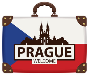 Obraz premium Transparent podróży wektor z walizką w kolorach flagi czeskiej ze słynnym kościołem Matki Boskiej przed Tynem w Pradze, Republika Czeska. Napis Prague mile widziany