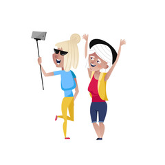 Happy mature women doing selfie character. Happy old people lifestyle isolated on white background vector illustration.